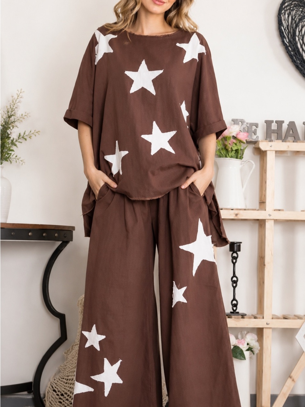 Blue Velvet Cotton Brown Star-Print Wide Leg Pants Set